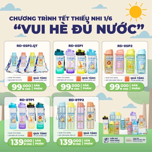 Bình nước cầm tay RD-07P2 In hình cho Bé- VUI HÈ ĐỦ NƯỚC