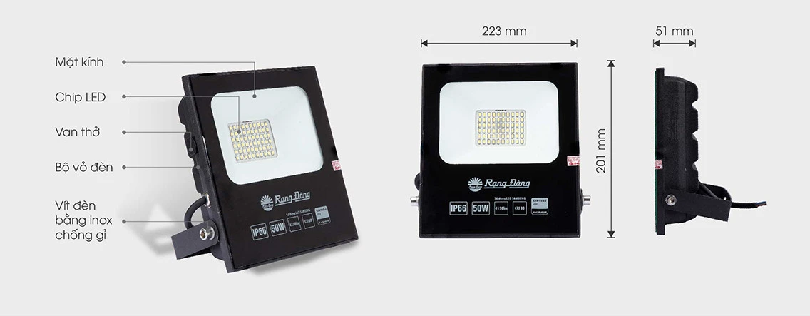 cấu tạo chi tiết của đèn LED chiếu pha CP06 100W Rạng Động