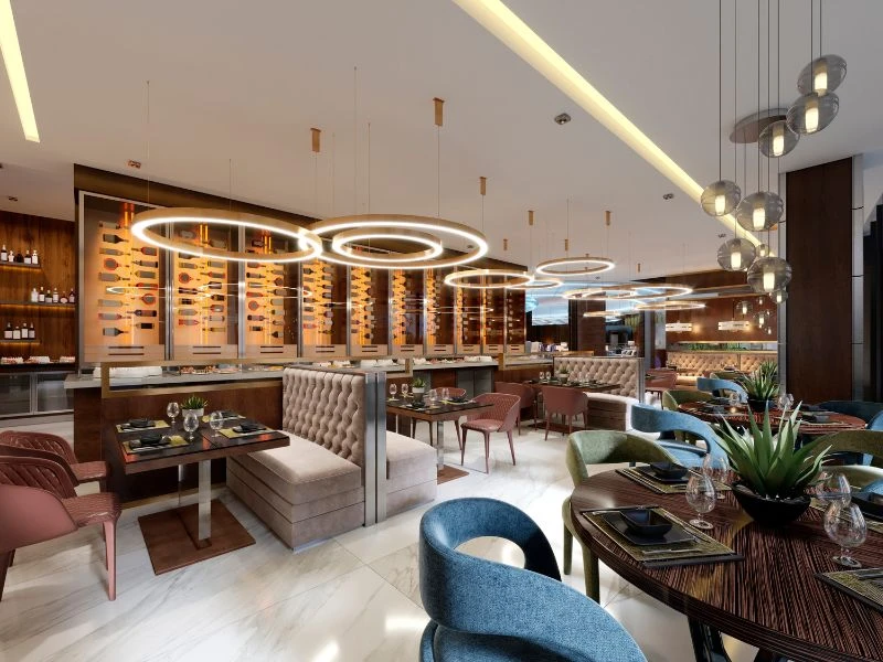 Giải pháp chiếu sáng Rạng Đông được tích hợp hệ thống chiếu sáng linh hoạt mang lại không gian nhà hàng sang trọng