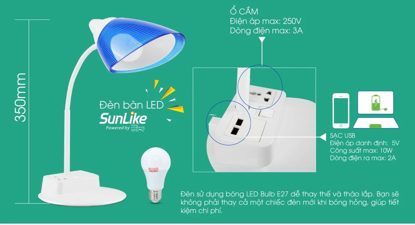 Sản phẩm được tích hợp ổ cắm USB, giúp việc sạc pin các thiết bị điện tử trở nên tiện lợi hơn