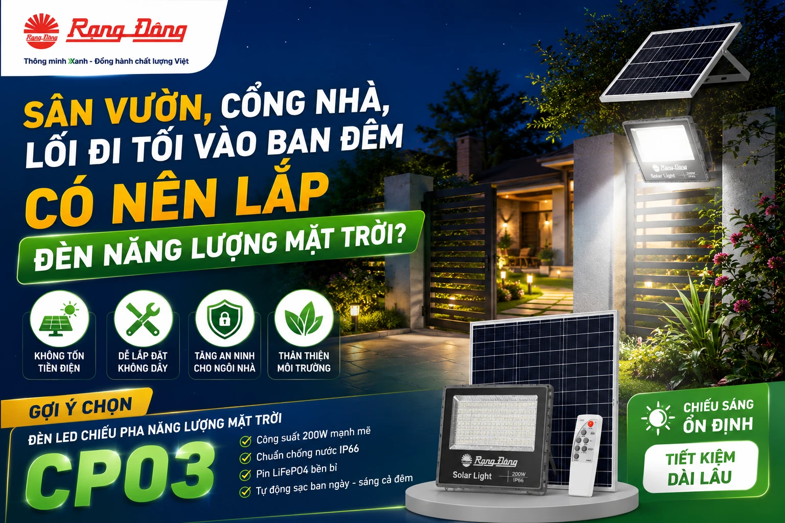 Đèn LED chiếu pha năng lượng mặt trời CP03 Rạng Đông
